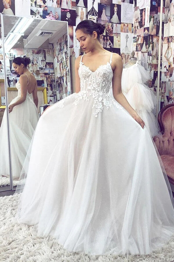 White A-line Sweetheart Spaghetti Straps Backless Lace Wedding Dresses, MW753 | lace wedding gown | tulle wedding dresses online | a line wedding dress | www.musebridals.com